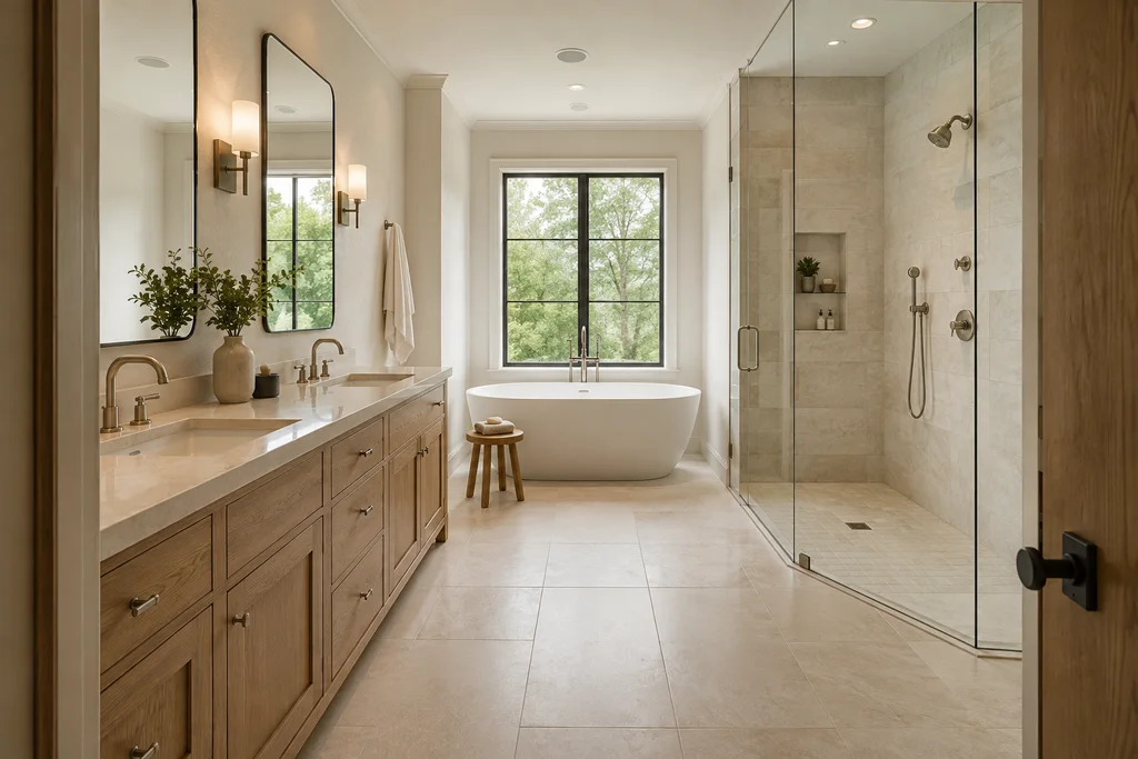 Modern bathroom with a glass shower, toilet, and vanity
