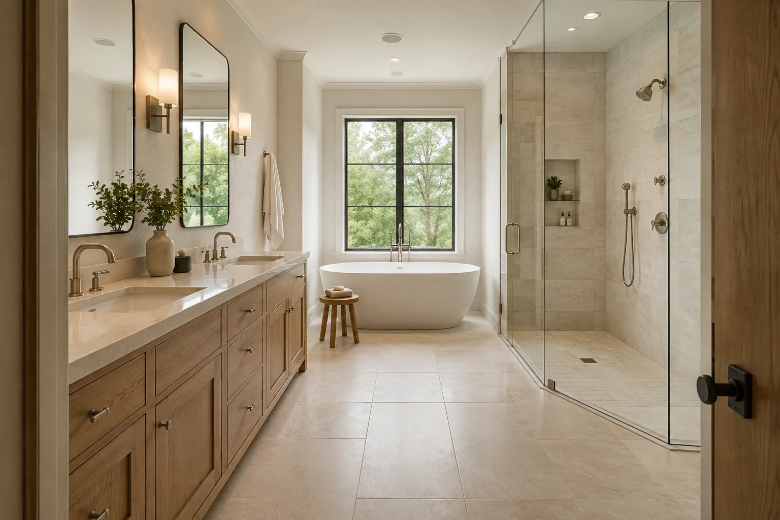 Illustrative bathroom with an oak vanity, freestanding tub and glass shower