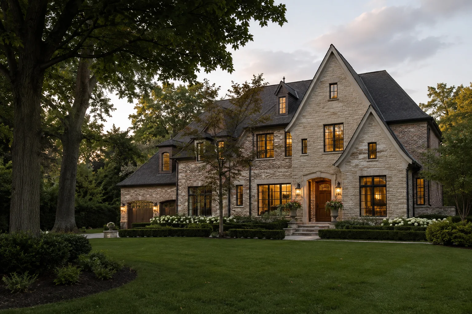 Illustrative brick-and-stone suburban home with mature trees and landscaped grounds