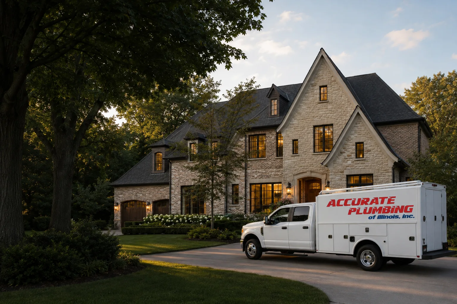 Illustrative Accurate Plumbing of Illinois service truck parked outside a brick-and-stone suburban home