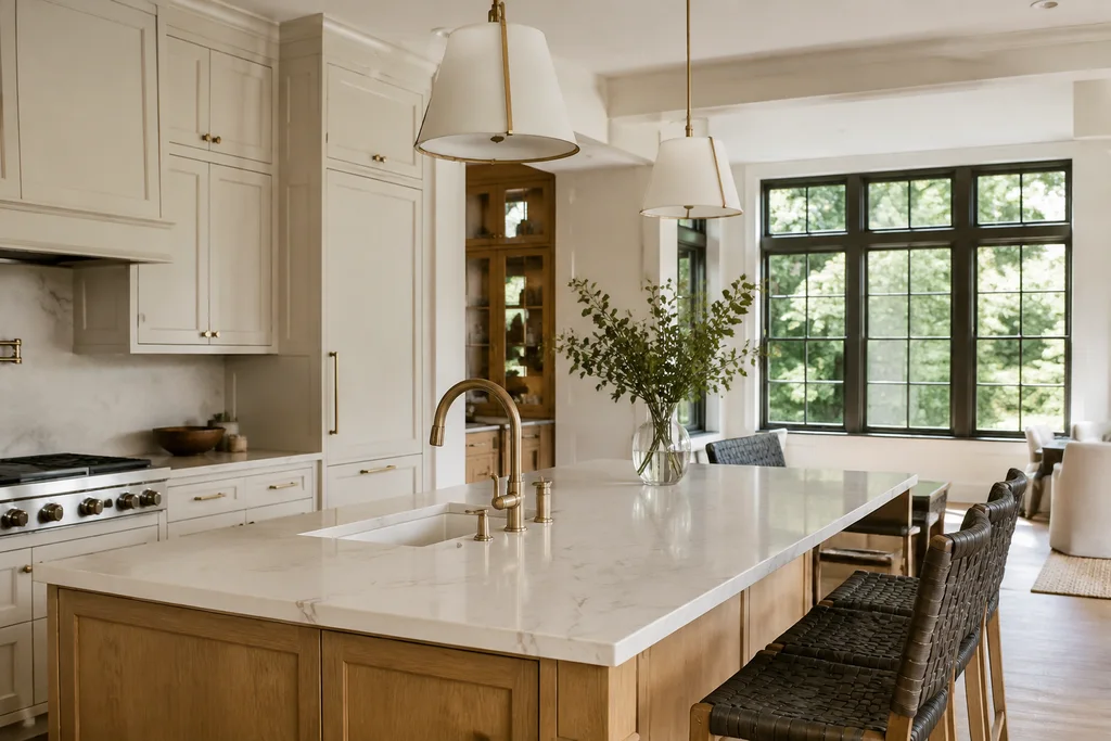Illustrative kitchen with an oak island and brass faucet