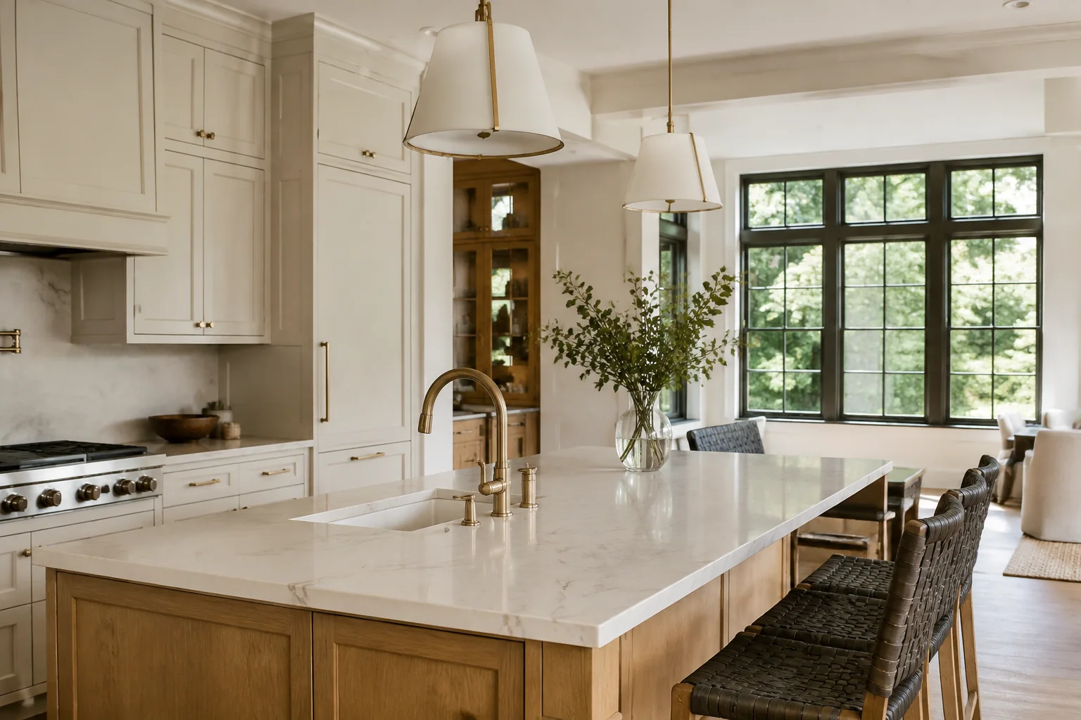 Illustrative light-filled kitchen with an oak island and brass faucet