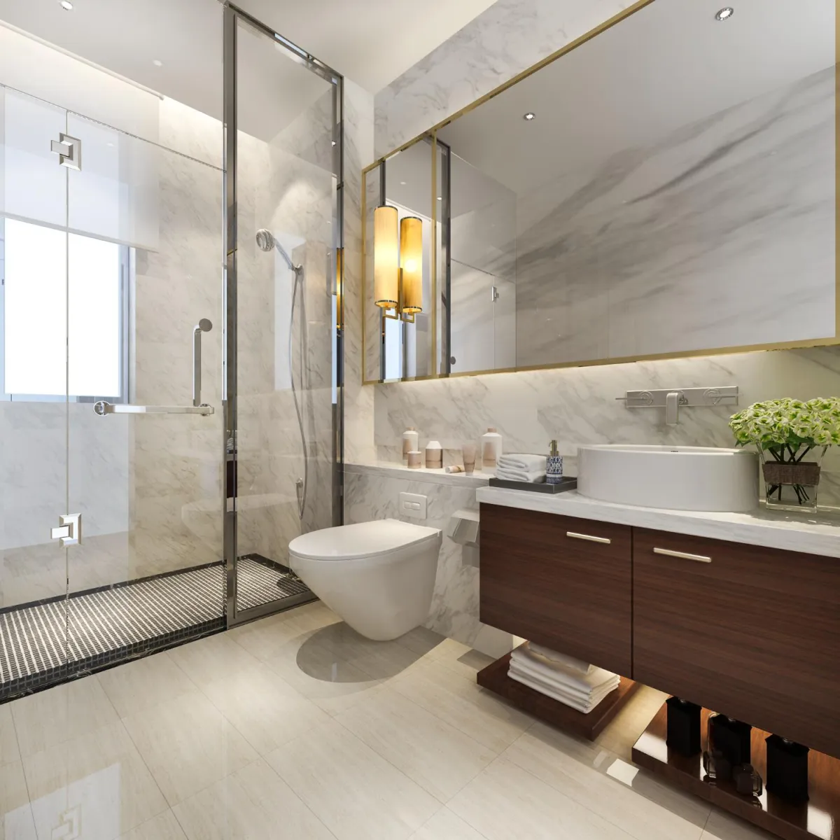 Modern bathroom with a glass shower, toilet, and vanity