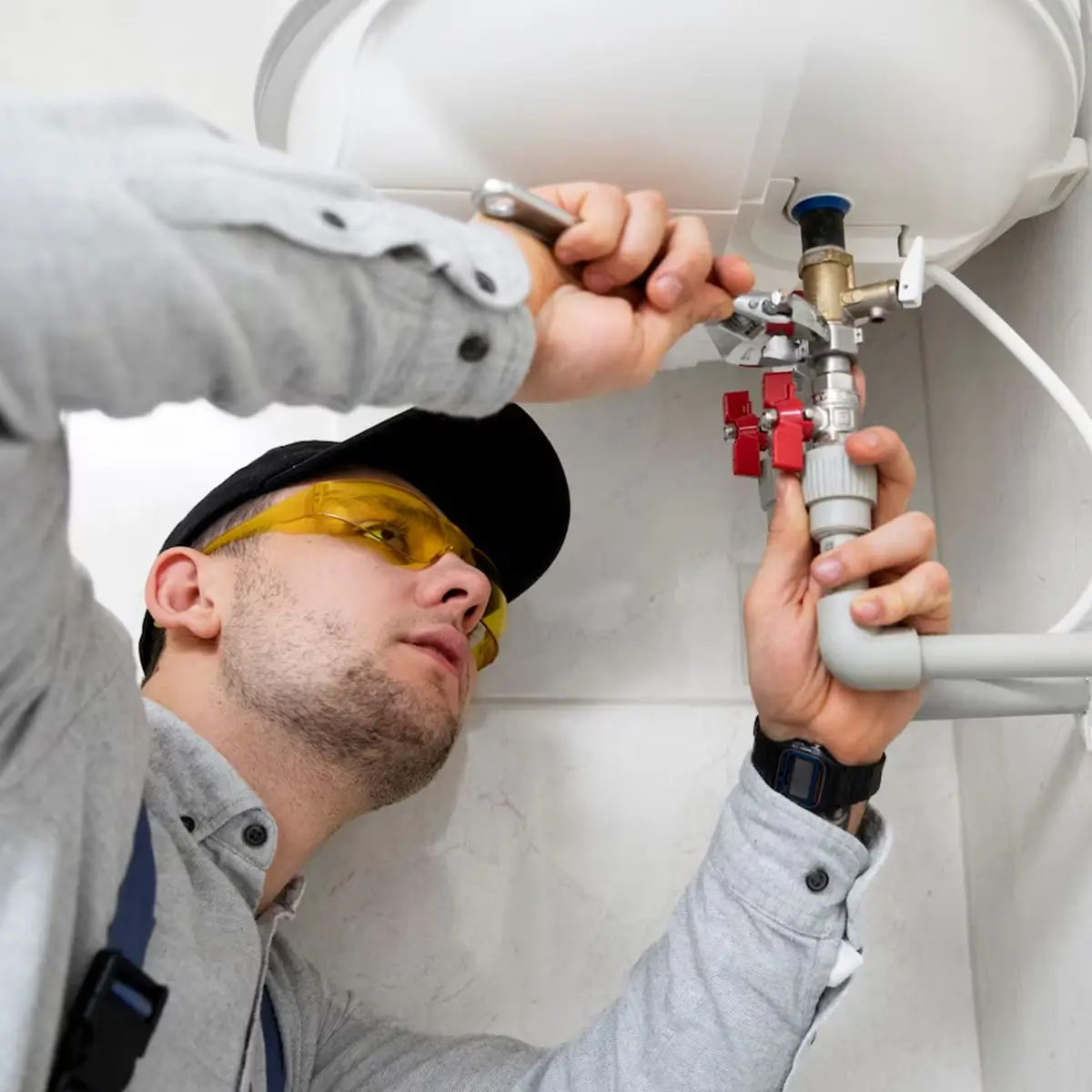 Plumber servicing a residential water heater