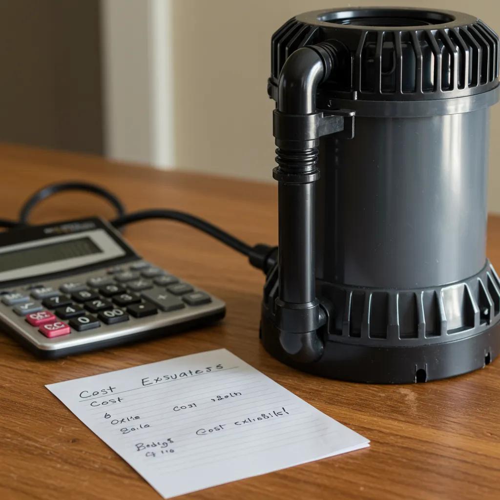 Close-up of a sump pump with a calculator and notepad for cost analysis