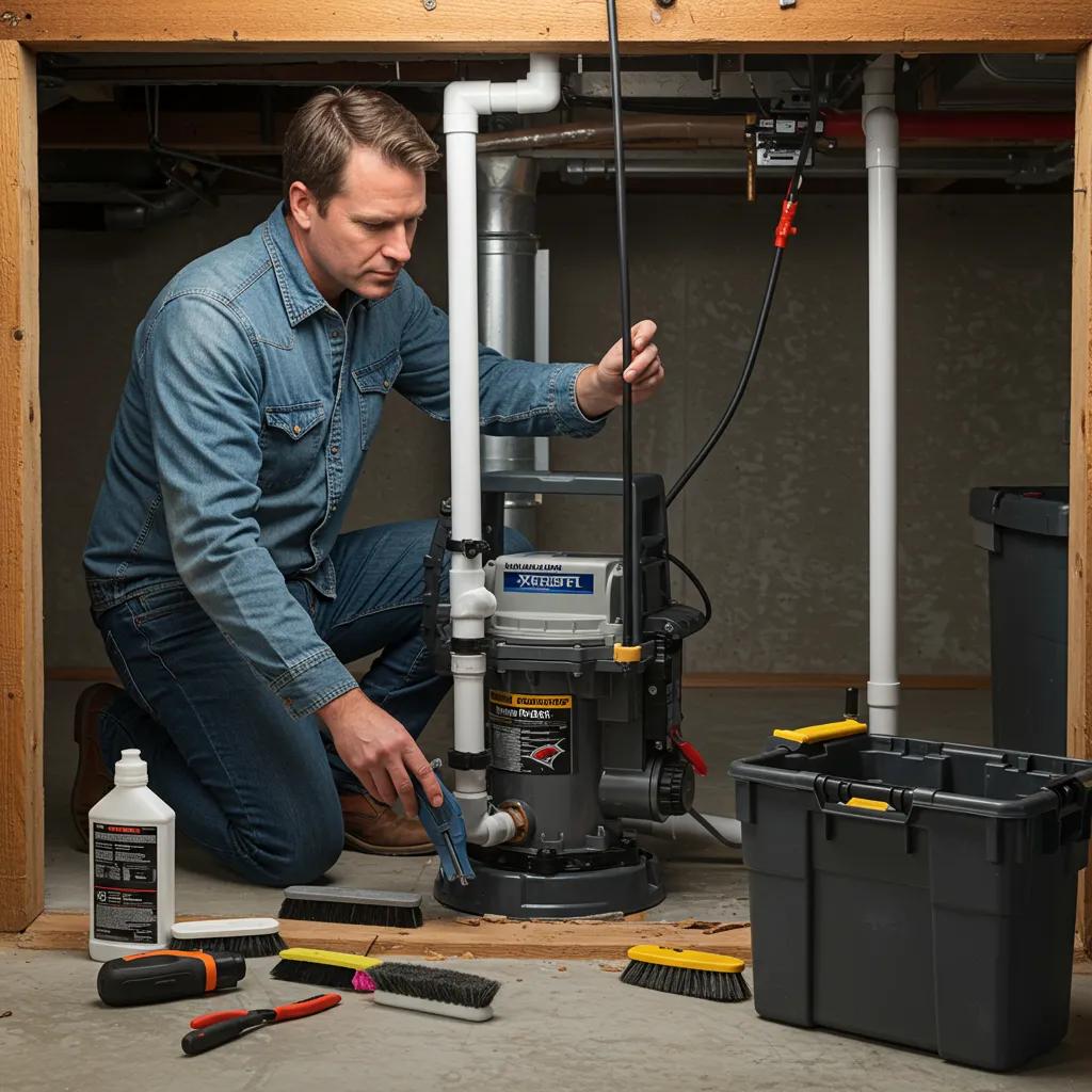 Homeowner performing maintenance on a sump pump in a basement