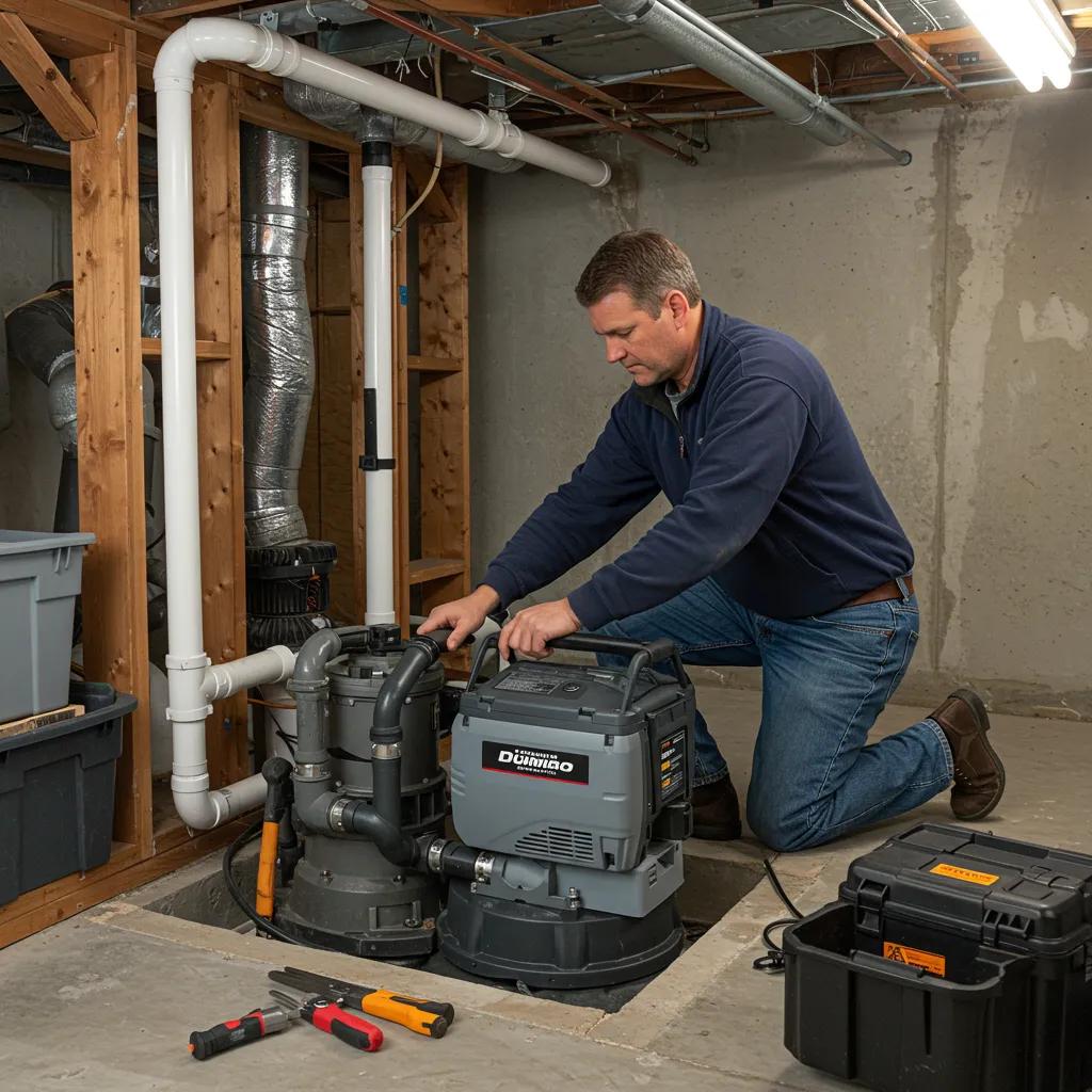 Professional technician installing a sump pump in a basement for flood protection